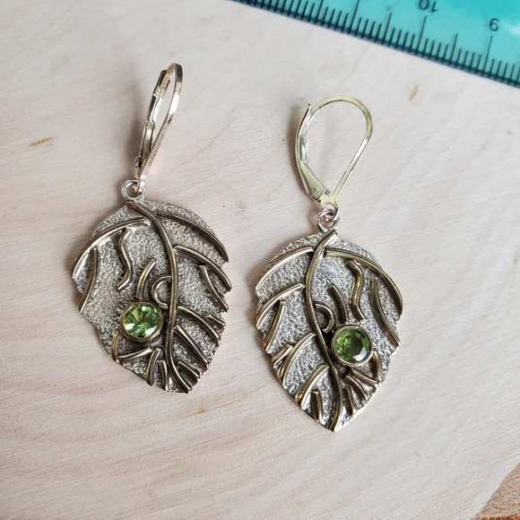 Sterling Silver 925 Leaf Peridot Dangle Earrings - Picture 1 of 4